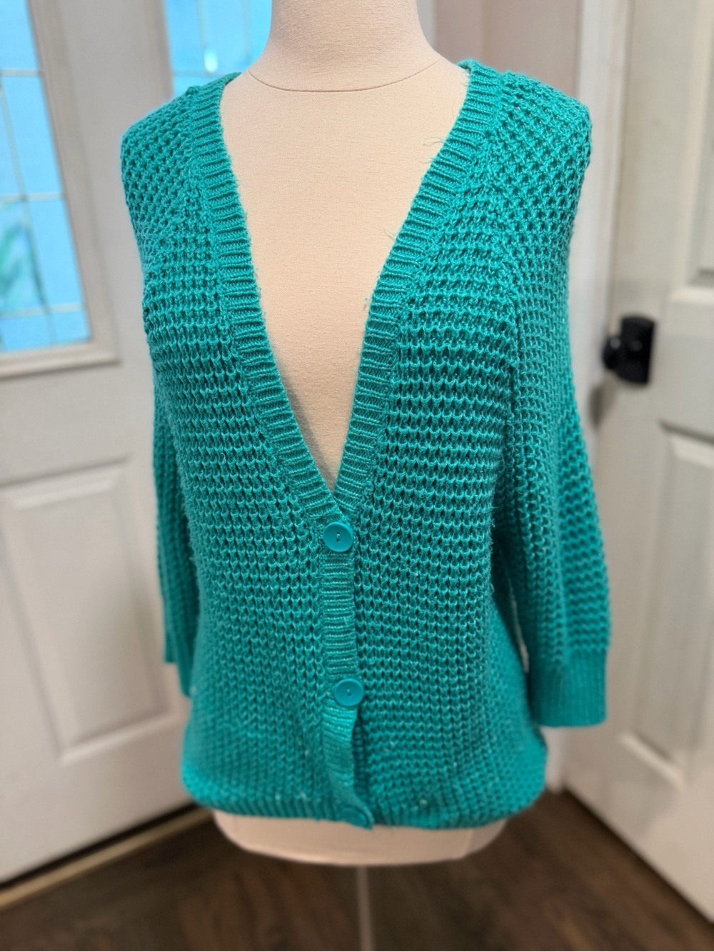 take out Teal Open-Knit Button Cardigan